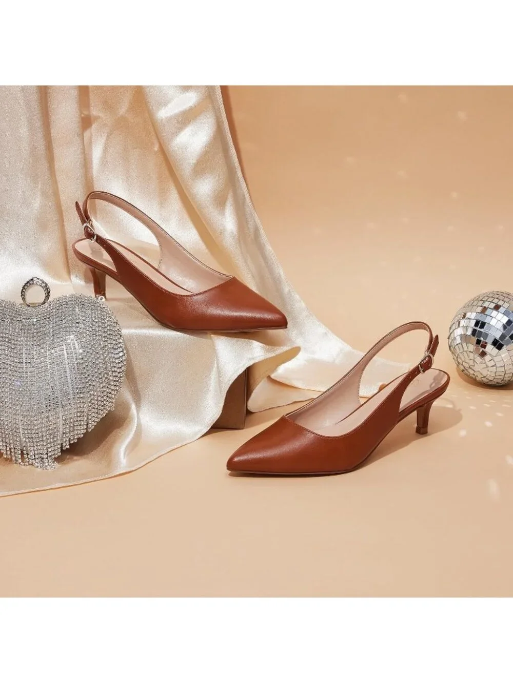 Women's Brown Slingback Pump Pointed Closed Toe Elegant Low Kitten Heel Shoes